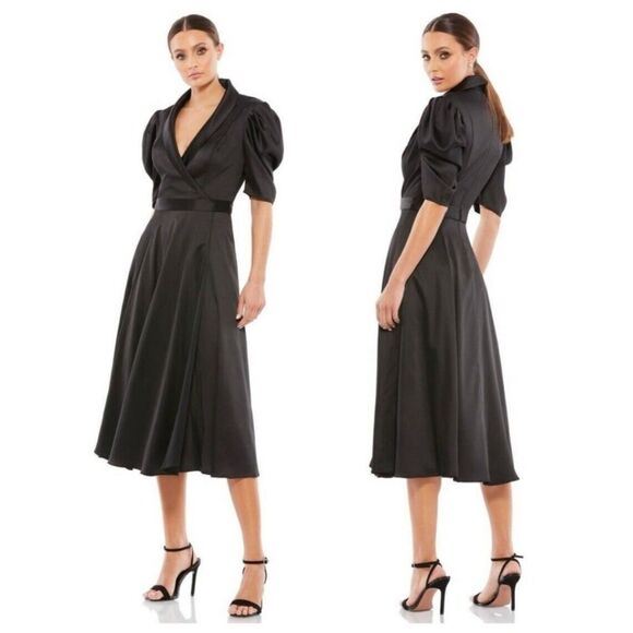 Mac Duggal 26628 Puff Sleeve V-neckline Satin Collared A-line Midi Size 14 $398 - Picture 1 of 8